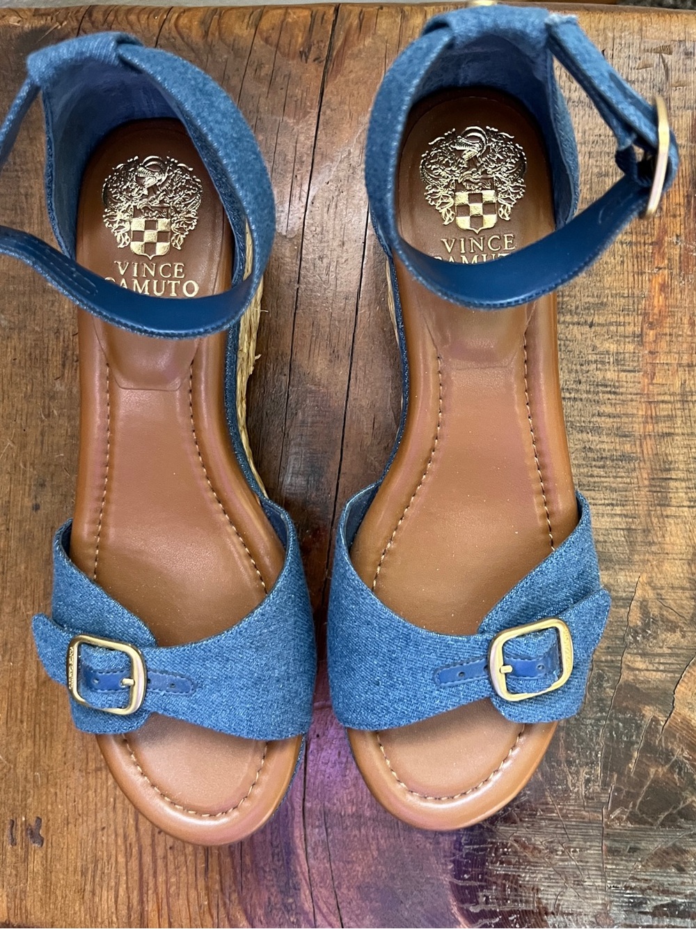 Vince Camuto Denim Blue Ankle Strap Wedge Sandals